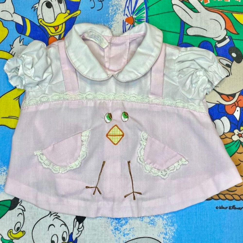 Vintage 70s pink & white chicken kids dress 🐣